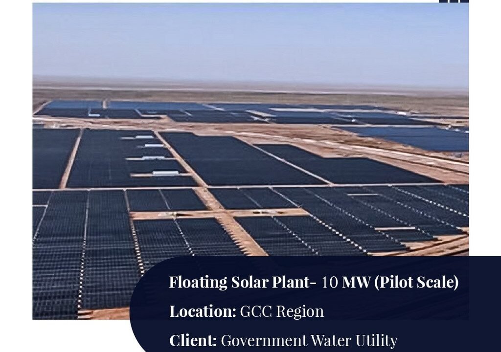 Aerial view of Steelbridge Export’s 10 MW floating solar plant with bifacial PV modules deployed on a water reservoir in the GCC region.