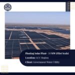 Aerial view of Steelbridge Export’s 10 MW floating solar plant with bifacial PV modules deployed on a water reservoir in the GCC region.