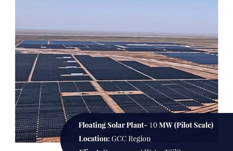 Aerial view of Steelbridge Export’s 10 MW floating solar plant with bifacial PV modules deployed on a water reservoir in the GCC region.