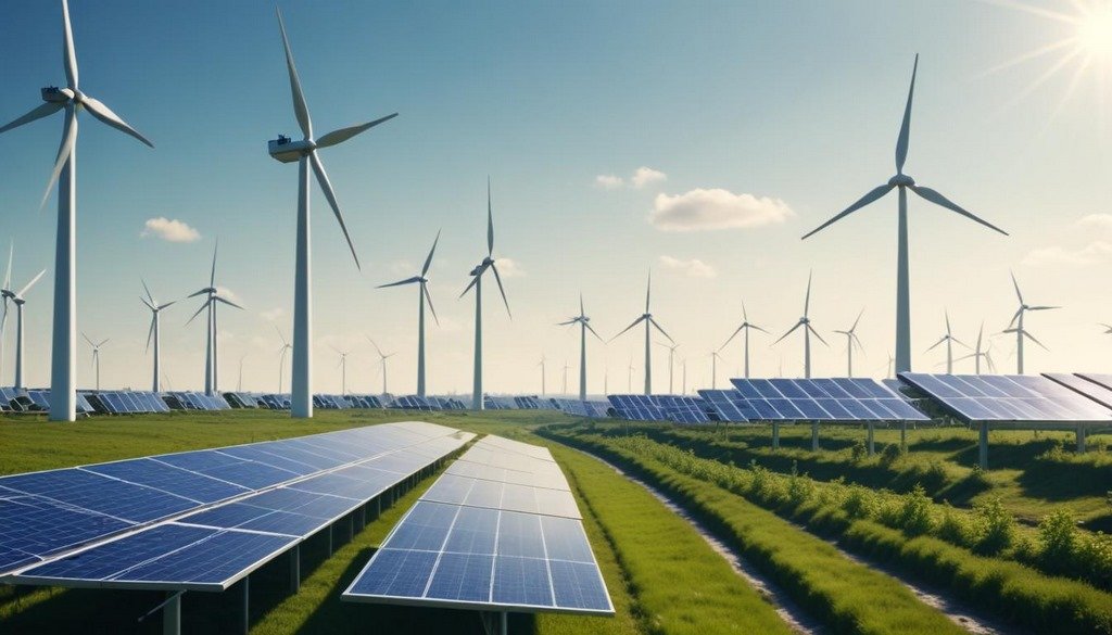Innovative photovoltaic system with bifacial panels and smart tracking technology in a utility-scale solar power plant in a desert region.