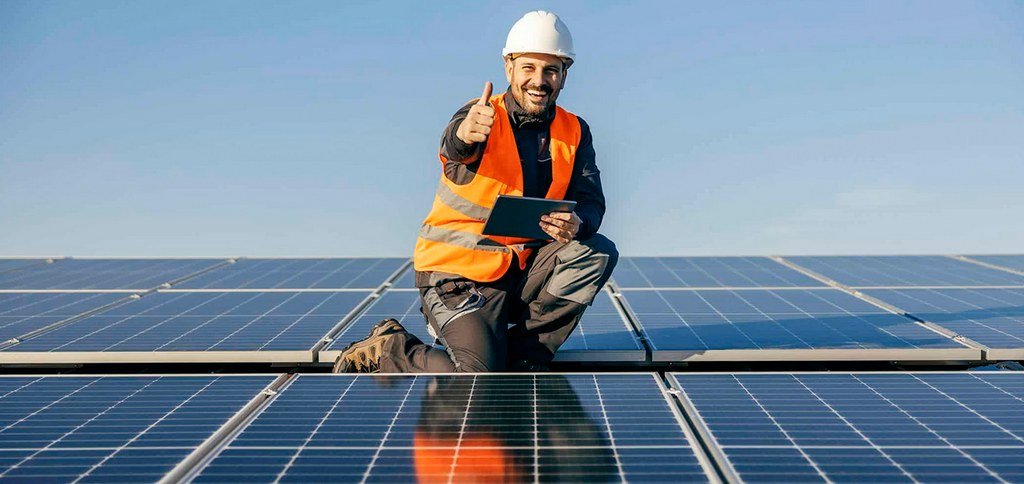Large solar farm financed by foreign direct investment, showcasing rows of PV panels generating clean energy under the sun.