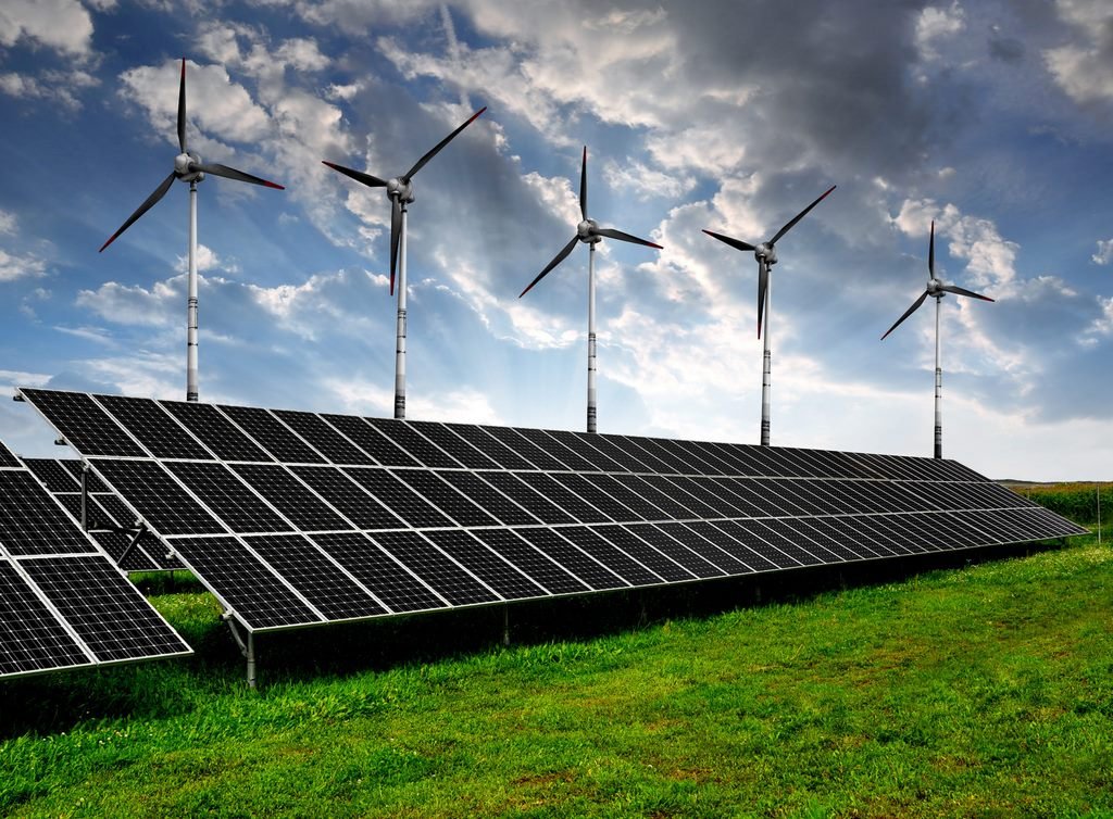 Innovative photovoltaic system with bifacial panels and smart tracking technology in a utility-scale solar power plant in a desert region.