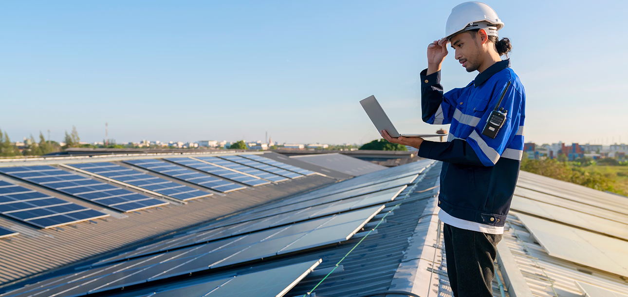 Off-grid solar panels powering remote facilities, showcasing sustainable energy investment in green infrastructure.