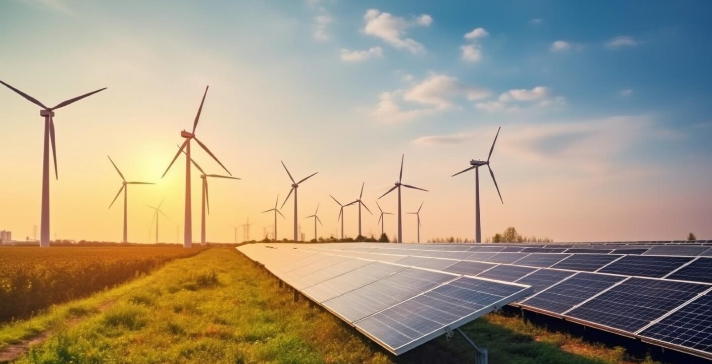 Solar infrastructure investment showing rows of PV panels, grid connections, and financing structures for clean energy projects.