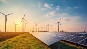 Solar infrastructure investment showing rows of PV panels, grid connections, and financing structures for clean energy projects.