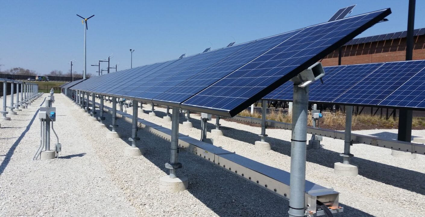 Utility-scale solar PV panels integrated into modern urban infrastructure design.