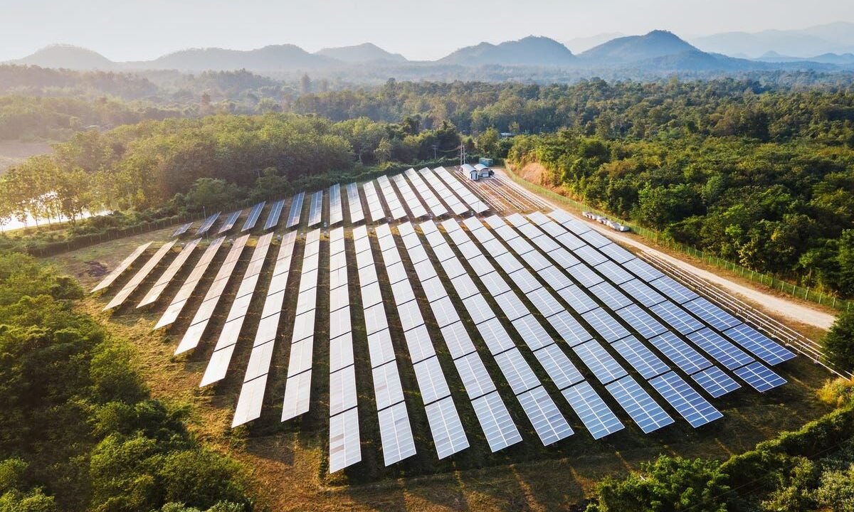Industrial solar panels in a desert environment showcasing efficiency optimization and sustainable green investment.
