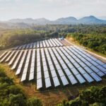 Industrial solar panels in a desert environment showcasing efficiency optimization and sustainable green investment.