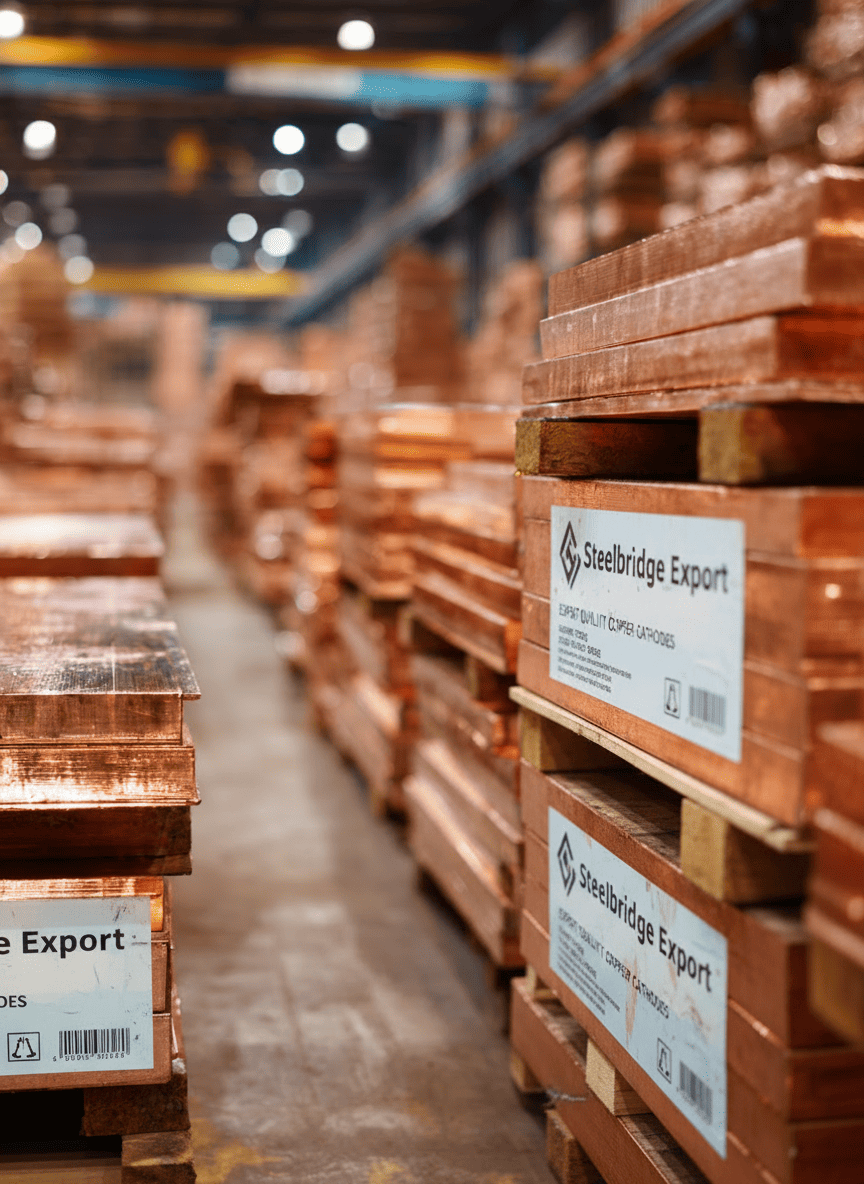 High-purity copper cathodes exported to China by Steelbridge Export for industrial and manufacturing applications.